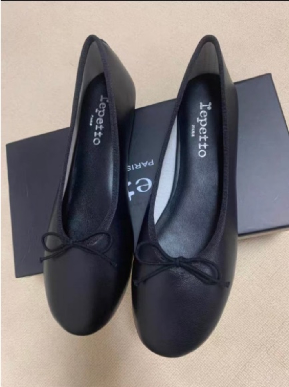 Repetto Black Leather Ballet Flats with Bow Trim